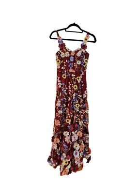 A W Bridal Floral Embroidered Burgundy Maxi Dress With Straps Bohemian Style Wom